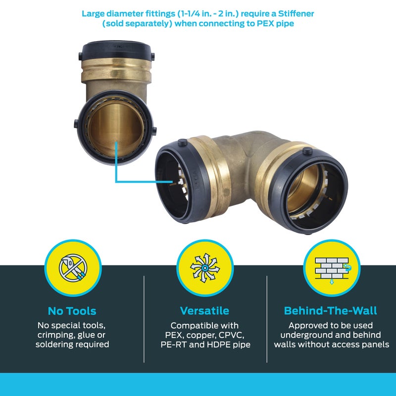 SharkBite 2 Inch 90 Degree Elbow, Push to Connect Brass Plumbing Fitting, Copper, PEX Pipe, Copper, CPVC, PE-RT, HDPE, UXL0254 - Image 3